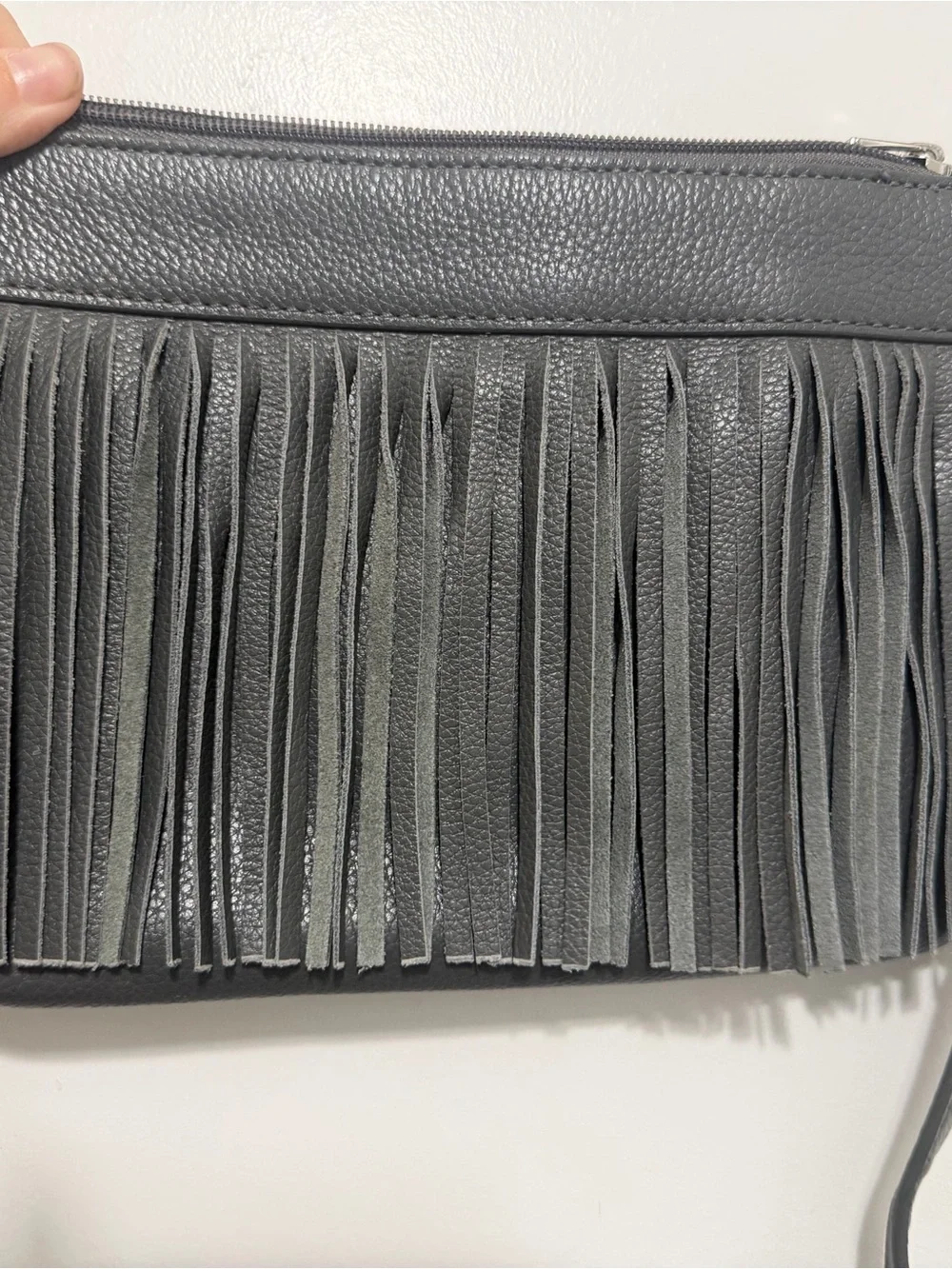 Neiman Marcus Gray Leather Fringe Crossbody Clutch